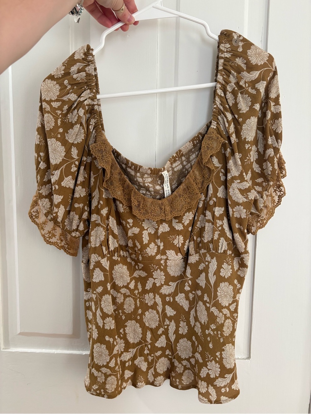 American Eagle Outfitters Brown Floral Lace-Trim Peasant Blouse
